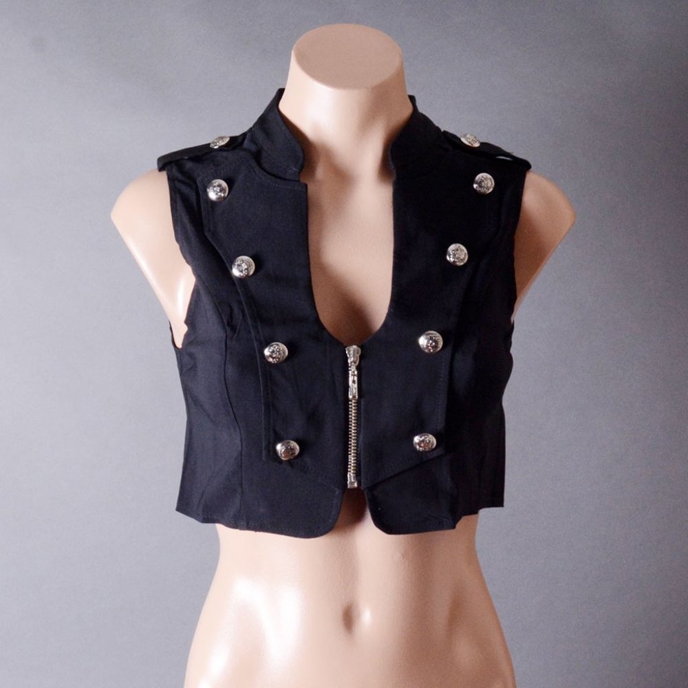 Black Military Steampunk Gothic Sleeveless Shirt Causal Punk Crop Top Vest S M L